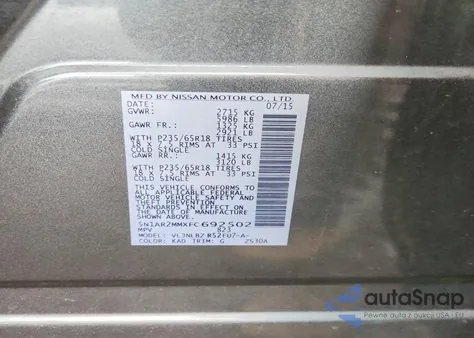 2015 Nissan Pathfinder S z USA, uszkodzony, nr VIN 5N1AR2MMXFC692502